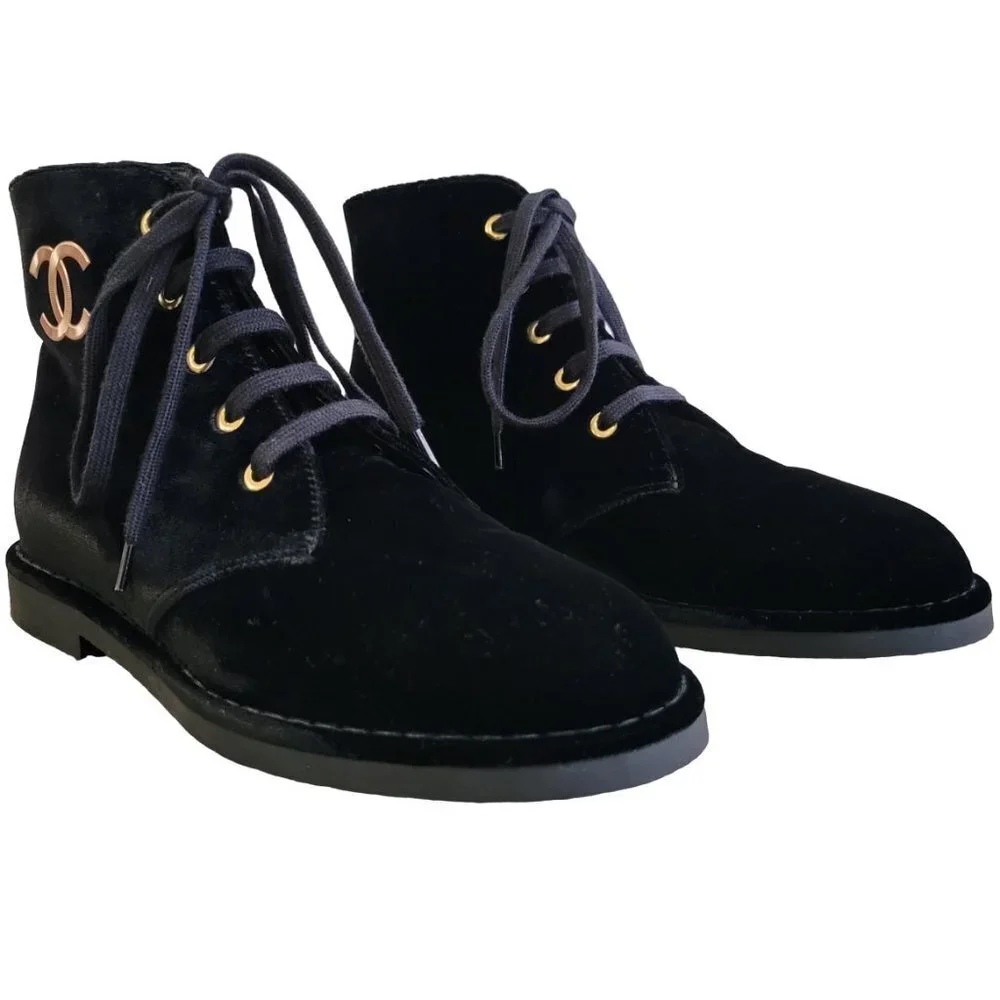 NEW-Chanel Velvet Ankle Combat Boots Size 37